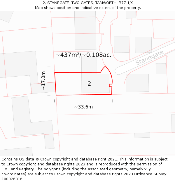 2, STANEGATE, TWO GATES, TAMWORTH, B77 1JX: Plot and title map