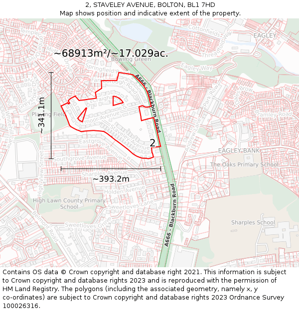 2, STAVELEY AVENUE, BOLTON, BL1 7HD: Plot and title map
