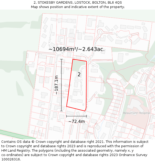 2, STOKESBY GARDENS, LOSTOCK, BOLTON, BL6 4QS: Plot and title map