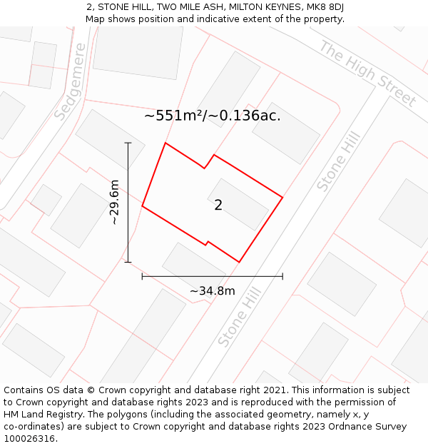 2, STONE HILL, TWO MILE ASH, MILTON KEYNES, MK8 8DJ: Plot and title map