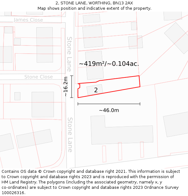 2, STONE LANE, WORTHING, BN13 2AX: Plot and title map