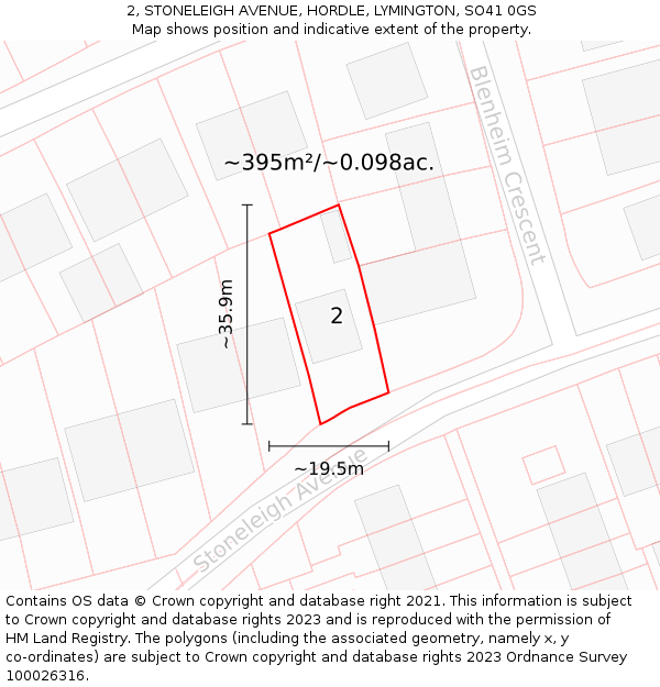 2, STONELEIGH AVENUE, HORDLE, LYMINGTON, SO41 0GS: Plot and title map