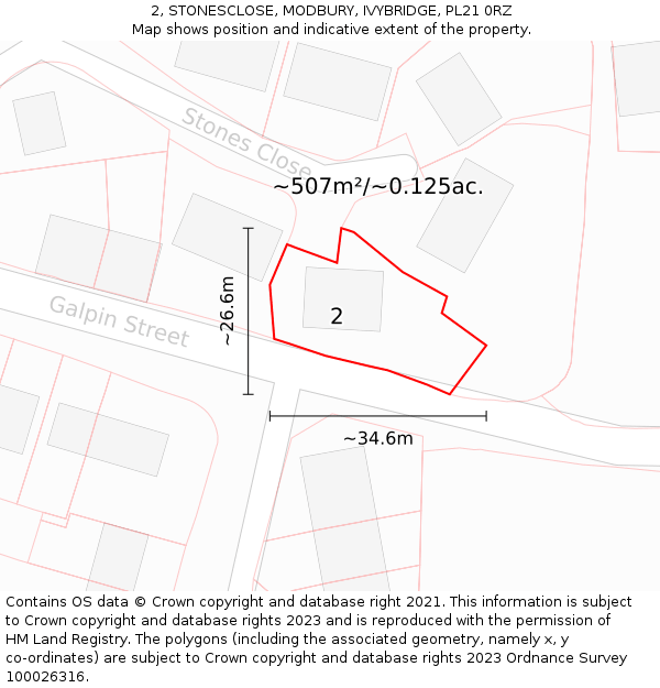 2, STONESCLOSE, MODBURY, IVYBRIDGE, PL21 0RZ: Plot and title map