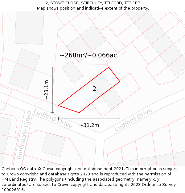 2, STOWE CLOSE, STIRCHLEY, TELFORD, TF3 1RB: Plot and title map