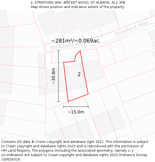 2, STRATFORD WAY, BRICKET WOOD, ST ALBANS, AL2 3PB: Plot and title map