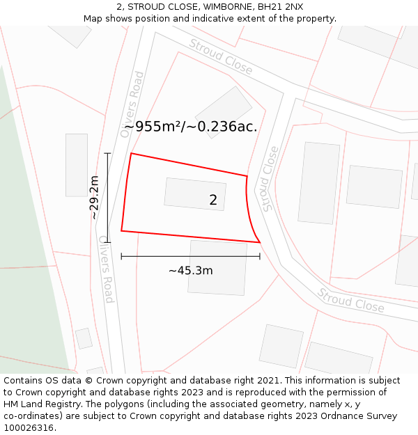 2, STROUD CLOSE, WIMBORNE, BH21 2NX: Plot and title map