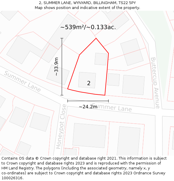 2, SUMMER LANE, WYNYARD, BILLINGHAM, TS22 5PY: Plot and title map