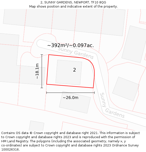 2, SUNNY GARDENS, NEWPORT, TF10 8QG: Plot and title map