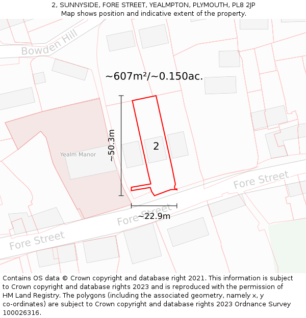 2, SUNNYSIDE, FORE STREET, YEALMPTON, PLYMOUTH, PL8 2JP: Plot and title map