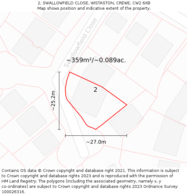 2, SWALLOWFIELD CLOSE, WISTASTON, CREWE, CW2 6XB: Plot and title map