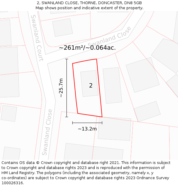 2, SWANLAND CLOSE, THORNE, DONCASTER, DN8 5GB: Plot and title map