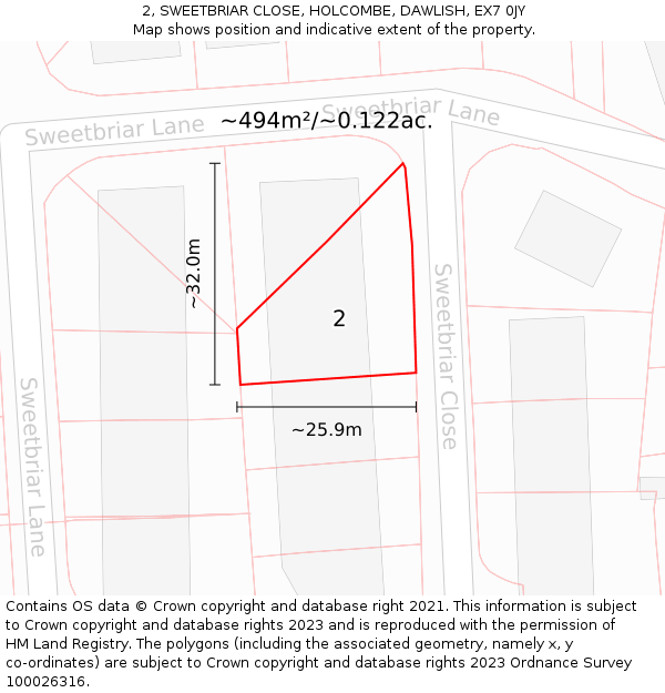 2, SWEETBRIAR CLOSE, HOLCOMBE, DAWLISH, EX7 0JY: Plot and title map