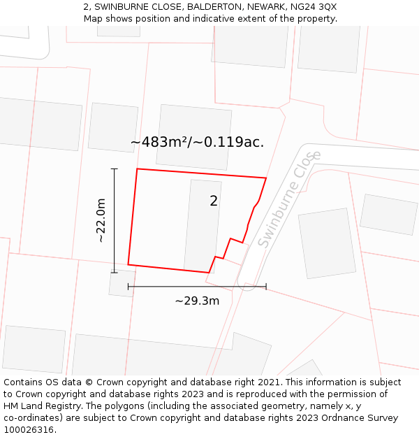 2, SWINBURNE CLOSE, BALDERTON, NEWARK, NG24 3QX: Plot and title map