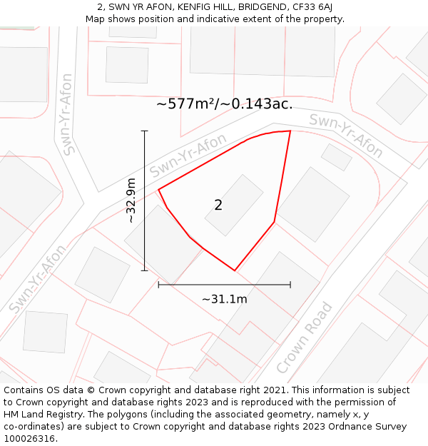 2, SWN YR AFON, KENFIG HILL, BRIDGEND, CF33 6AJ: Plot and title map