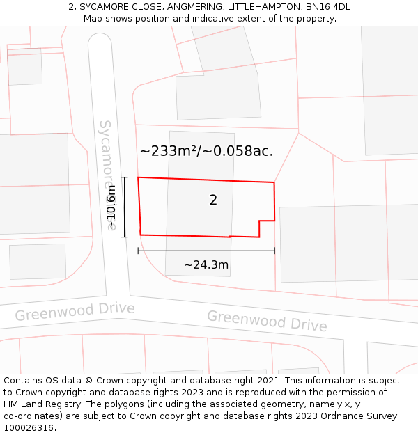 2, SYCAMORE CLOSE, ANGMERING, LITTLEHAMPTON, BN16 4DL: Plot and title map