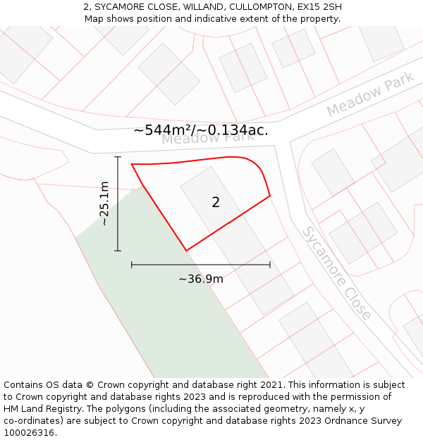 2, SYCAMORE CLOSE, WILLAND, CULLOMPTON, EX15 2SH: Plot and title map