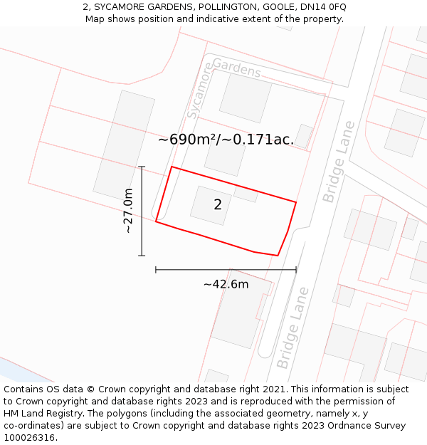 2, SYCAMORE GARDENS, POLLINGTON, GOOLE, DN14 0FQ: Plot and title map