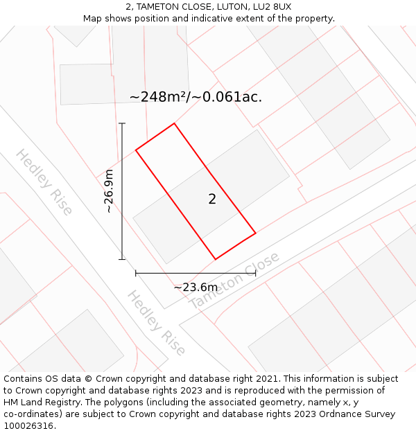 2, TAMETON CLOSE, LUTON, LU2 8UX: Plot and title map