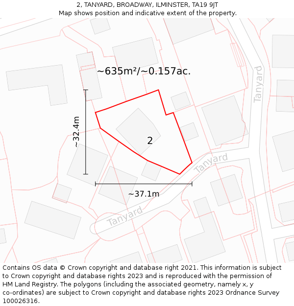 2, TANYARD, BROADWAY, ILMINSTER, TA19 9JT: Plot and title map