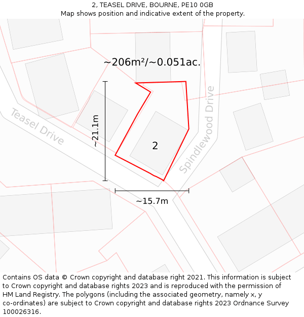 2, TEASEL DRIVE, BOURNE, PE10 0GB: Plot and title map