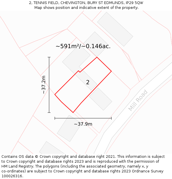 2, TENNIS FIELD, CHEVINGTON, BURY ST EDMUNDS, IP29 5QW: Plot and title map