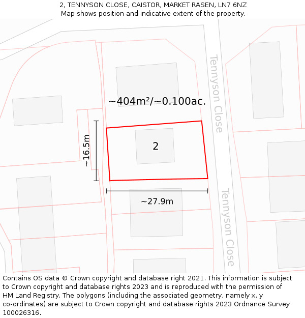 2, TENNYSON CLOSE, CAISTOR, MARKET RASEN, LN7 6NZ: Plot and title map