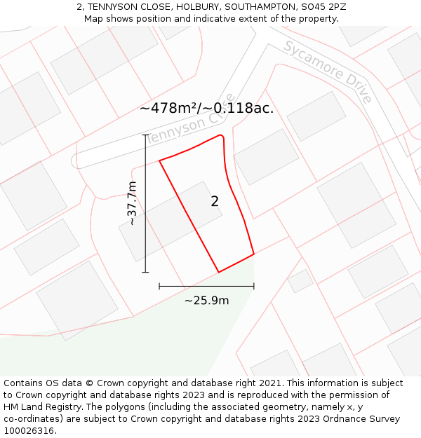 2, TENNYSON CLOSE, HOLBURY, SOUTHAMPTON, SO45 2PZ: Plot and title map