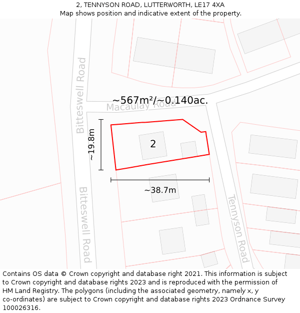 2, TENNYSON ROAD, LUTTERWORTH, LE17 4XA: Plot and title map