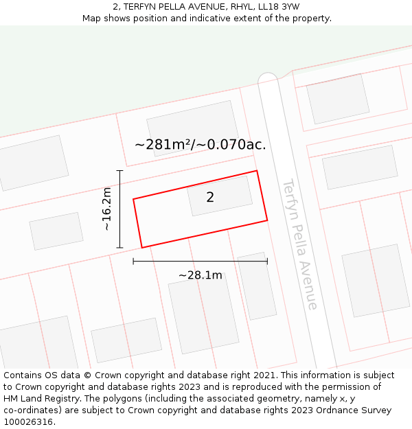2, TERFYN PELLA AVENUE, RHYL, LL18 3YW: Plot and title map