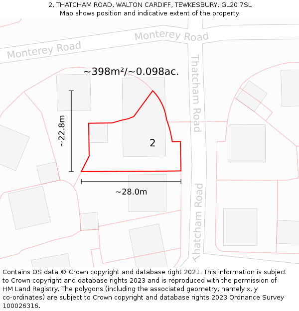 2, THATCHAM ROAD, WALTON CARDIFF, TEWKESBURY, GL20 7SL: Plot and title map