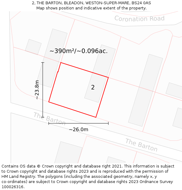 2, THE BARTON, BLEADON, WESTON-SUPER-MARE, BS24 0AS: Plot and title map