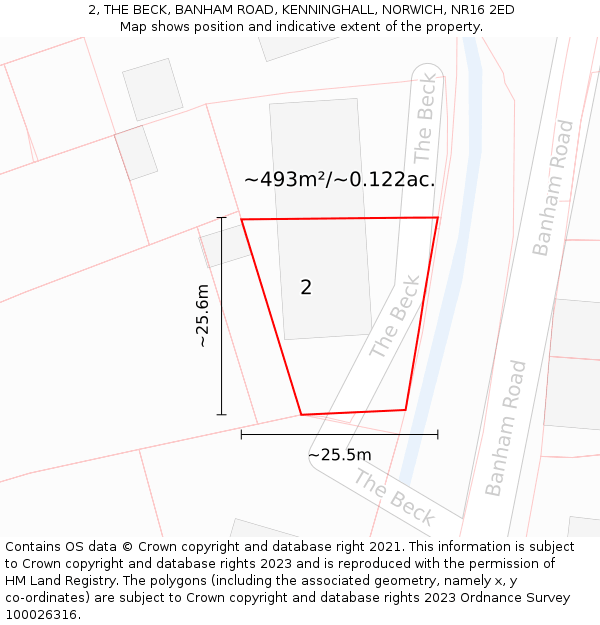 2, THE BECK, BANHAM ROAD, KENNINGHALL, NORWICH, NR16 2ED: Plot and title map