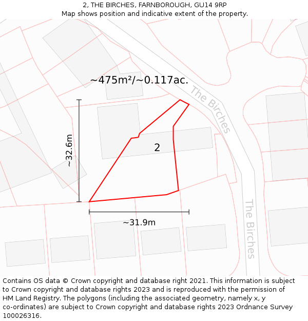 2, THE BIRCHES, FARNBOROUGH, GU14 9RP: Plot and title map