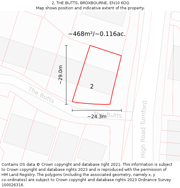 2, THE BUTTS, BROXBOURNE, EN10 6DG: Plot and title map