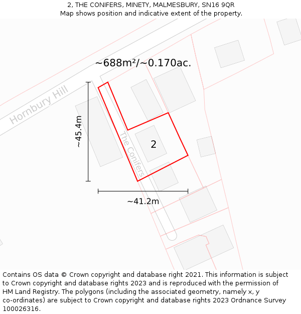 2, THE CONIFERS, MINETY, MALMESBURY, SN16 9QR: Plot and title map