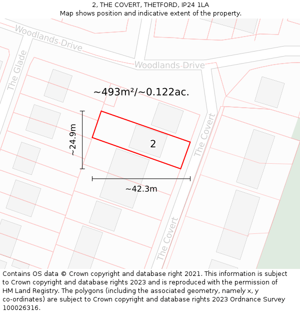 2, THE COVERT, THETFORD, IP24 1LA: Plot and title map