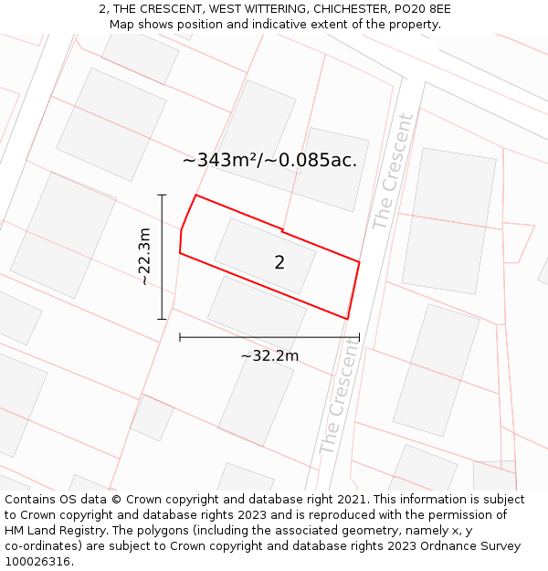 2, THE CRESCENT, WEST WITTERING, CHICHESTER, PO20 8EE: Plot and title map