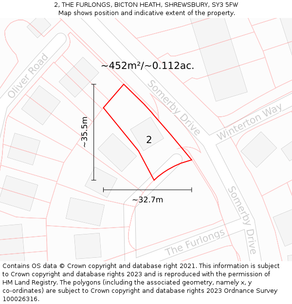 2, THE FURLONGS, BICTON HEATH, SHREWSBURY, SY3 5FW: Plot and title map