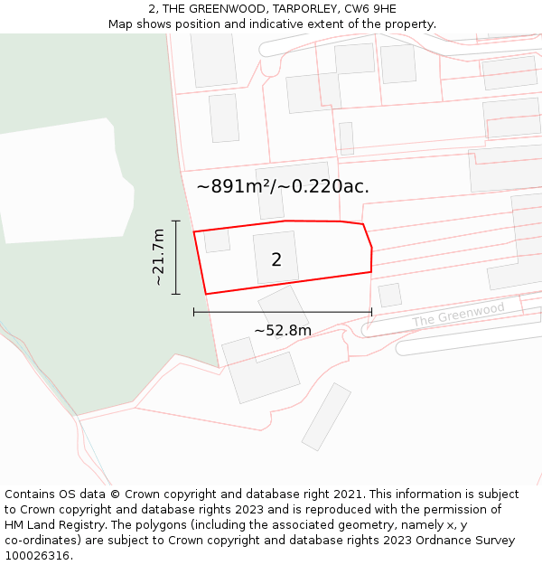 2, THE GREENWOOD, TARPORLEY, CW6 9HE: Plot and title map