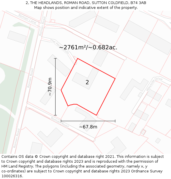 2, THE HEADLANDS, ROMAN ROAD, SUTTON COLDFIELD, B74 3AB: Plot and title map