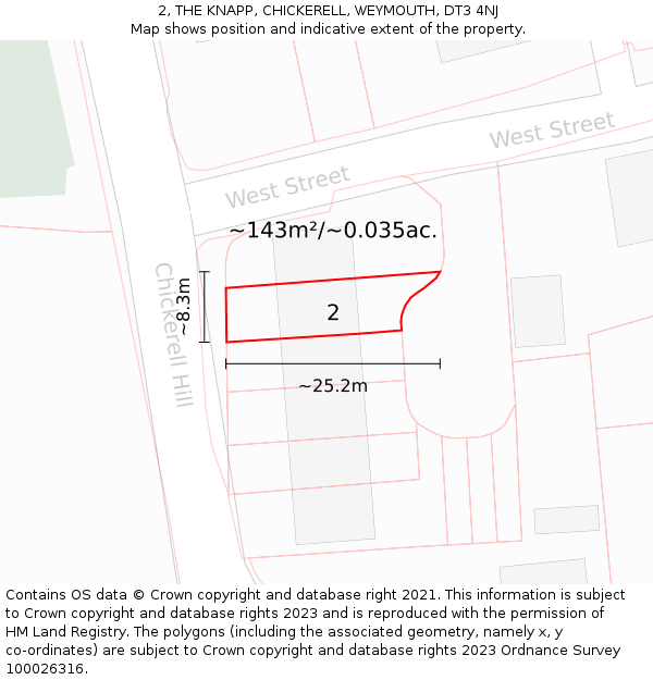 2, THE KNAPP, CHICKERELL, WEYMOUTH, DT3 4NJ: Plot and title map