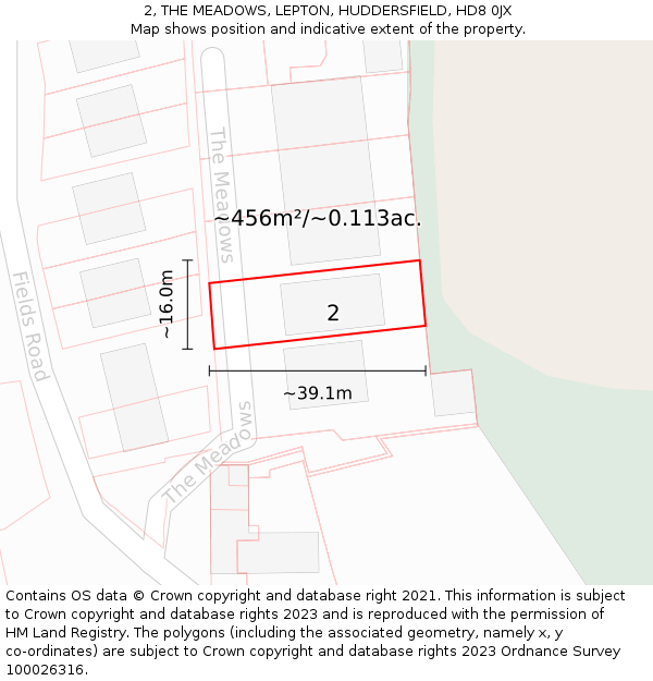 2, THE MEADOWS, LEPTON, HUDDERSFIELD, HD8 0JX: Plot and title map