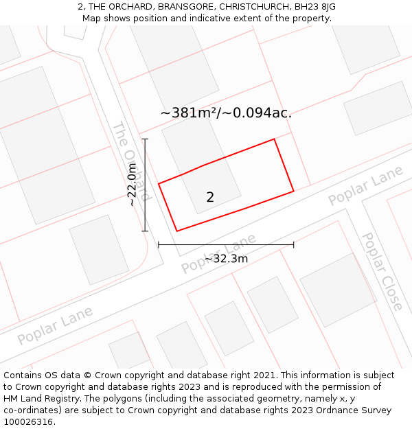 2, THE ORCHARD, BRANSGORE, CHRISTCHURCH, BH23 8JG: Plot and title map