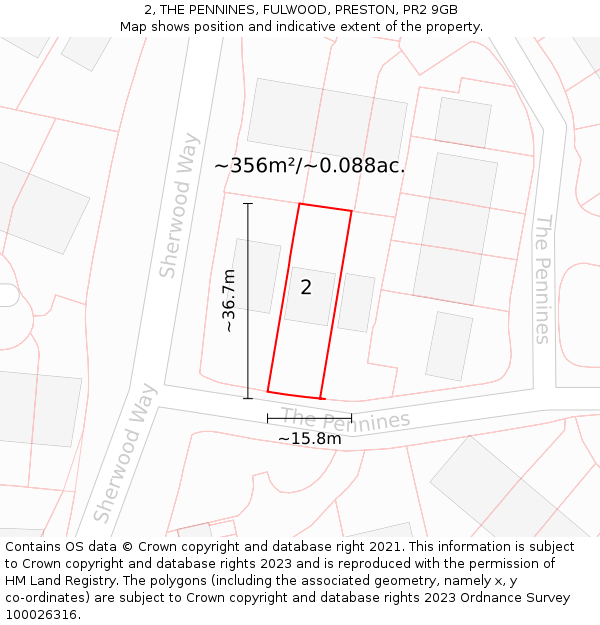 2, THE PENNINES, FULWOOD, PRESTON, PR2 9GB: Plot and title map