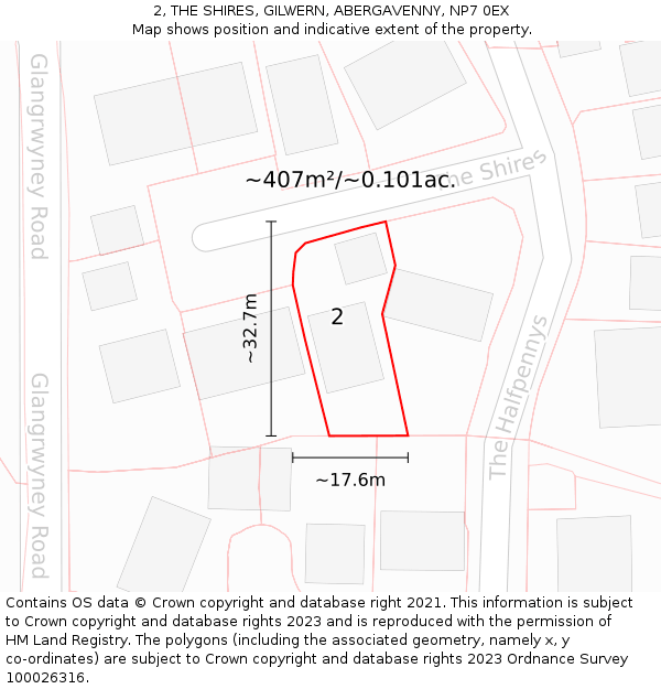 2, THE SHIRES, GILWERN, ABERGAVENNY, NP7 0EX: Plot and title map