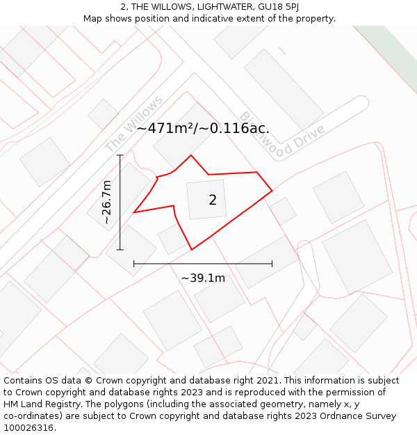2, THE WILLOWS, LIGHTWATER, GU18 5PJ: Plot and title map