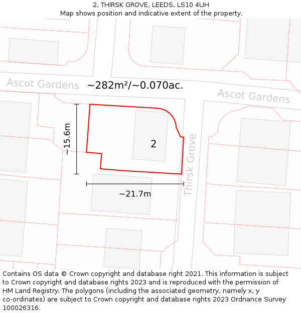 2, THIRSK GROVE, LEEDS, LS10 4UH: Plot and title map