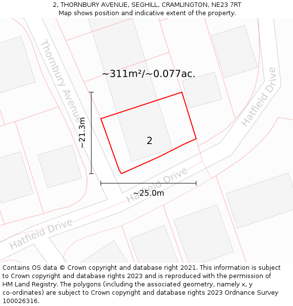 2, THORNBURY AVENUE, SEGHILL, CRAMLINGTON, NE23 7RT: Plot and title map