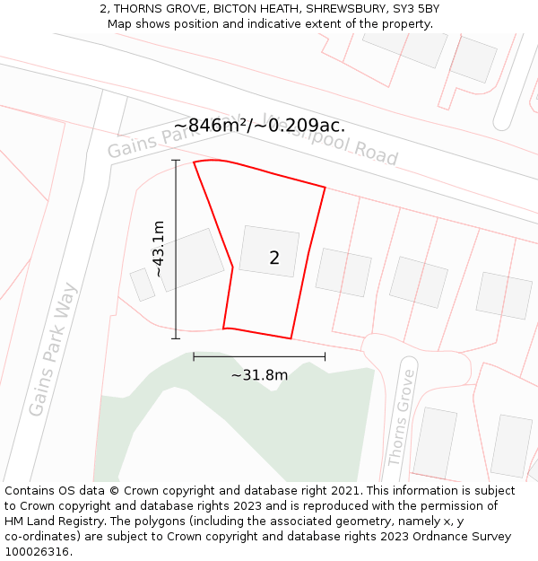 2, THORNS GROVE, BICTON HEATH, SHREWSBURY, SY3 5BY: Plot and title map