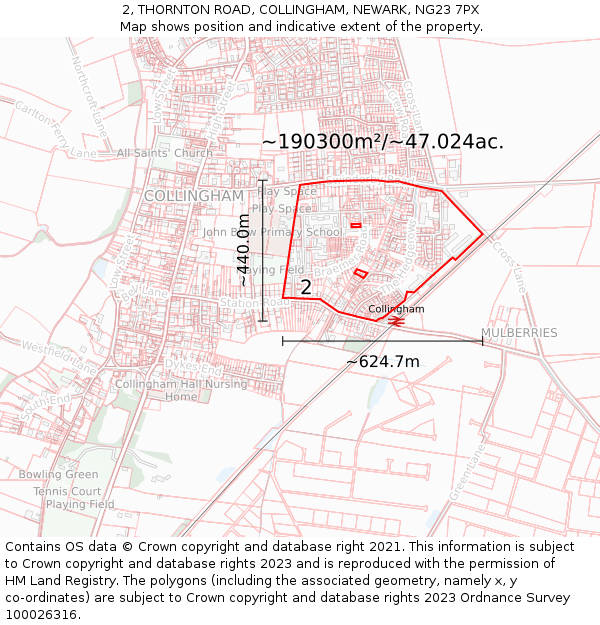 2, THORNTON ROAD, COLLINGHAM, NEWARK, NG23 7PX: Plot and title map